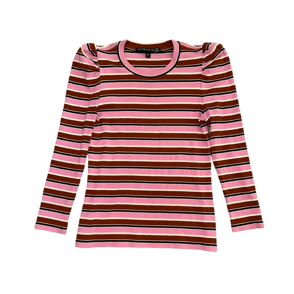 Veronica Beard Pink and Brown Striped Long Sleeve Top